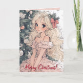 アニメスタイルの女の子とクリスマスツリーカード カード (正面)