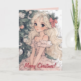 アニメスタイルの女の子とクリスマスツリーカード カード
