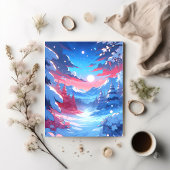 アニメスタイルウィンターマウンテンアートスノーイナイトシーン ポストカード