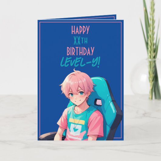 アニメピンク&ブルーゲーマーエイジ誕生日 カード (正面)