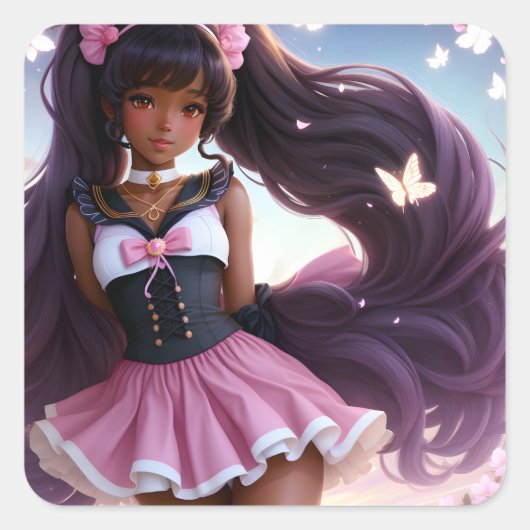 アニメブラック女性キャラクターアニメコア スクエアシール (正面)