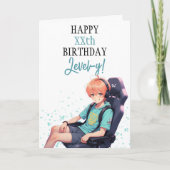 アニメホワイト&ティール（緑がかった色）ゲーマーオンチェアエイジ誕生日 カード (正面)