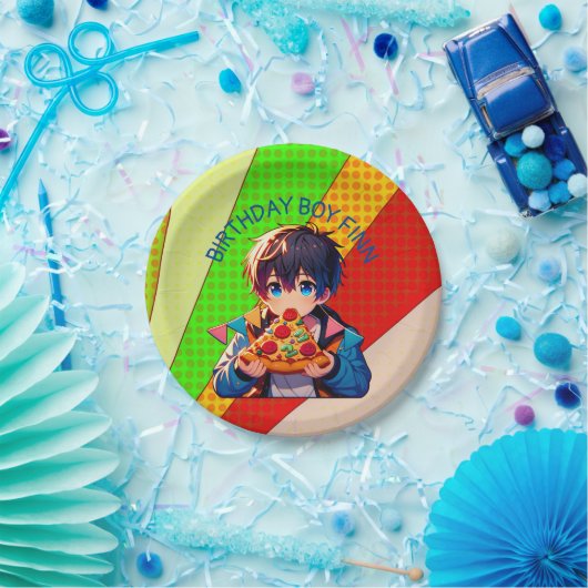 アニメボーイのピザパーティー パーソナライズされた ペーパープレート (パーティー)