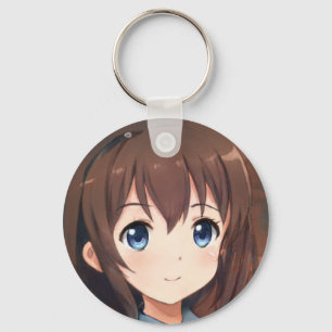 アニメマンガ笑顔の女の子の茶色の髪の青い目 キーホルダー