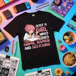 アニメラーメンやスケッチが大好きな女の子 Tシャツ