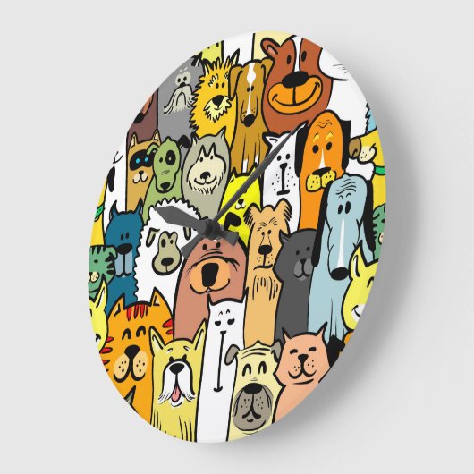 アニメートされた犬と猫のイラストレーション ラージ壁時計 (傾斜)