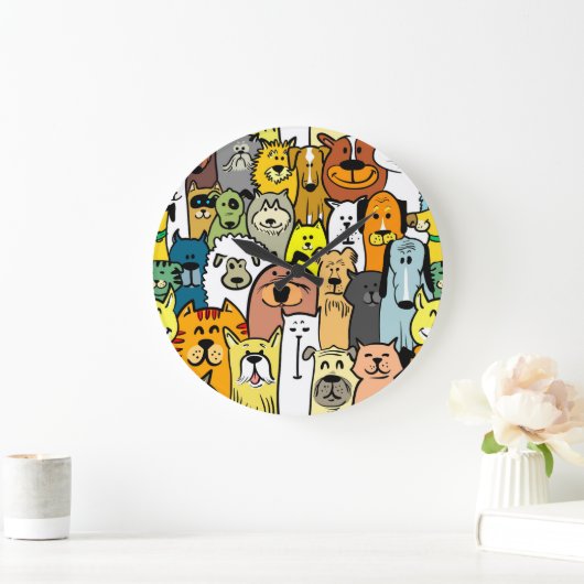 アニメートされた犬と猫のイラストレーション ラージ壁時計 (ホーム)