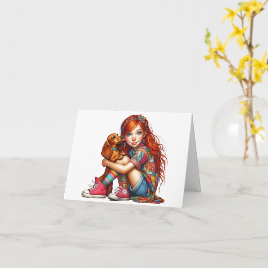 アニメートされた赤い頭Dachshund任意の大事な行事 カード (黄色い花)