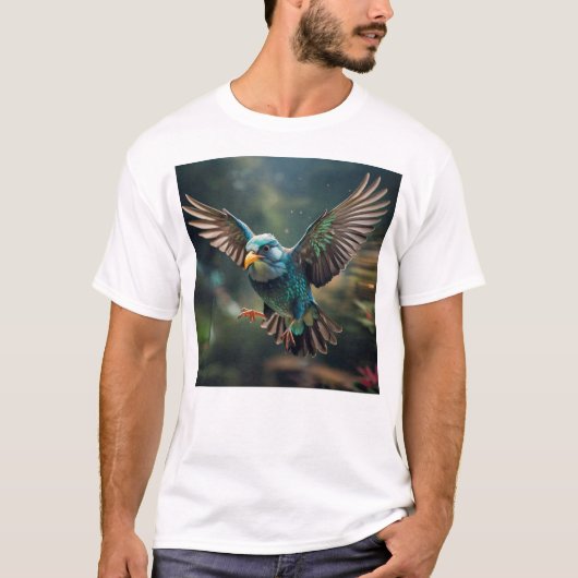 アニメート鮮やかされた鳥の入れ墨デザイン Tシャツ (正面)