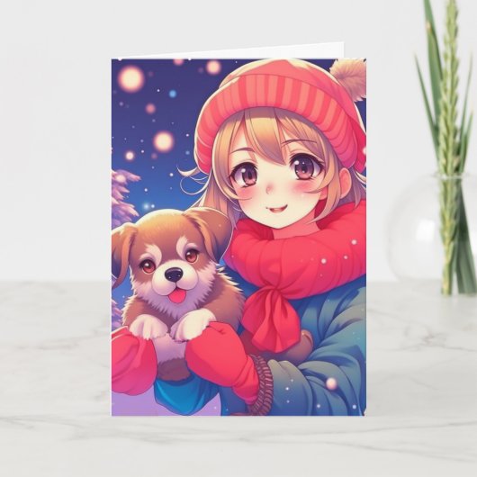 アニメ女子と子犬のクリスマスパーソナルギフト シーズンカード (正面)