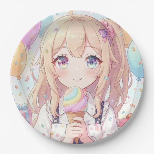 アニメ女子のアイスクリーム誕生日パーティー ペーパープレート (正面)