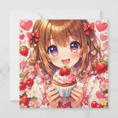 アニメ女子の誕生日 | イチゴとカップケーキ 招待状 (正面)