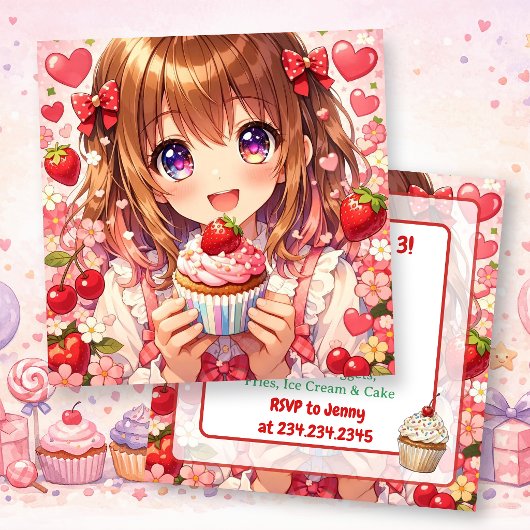 アニメ女子の誕生日 | イチゴとカップケーキ 招待状