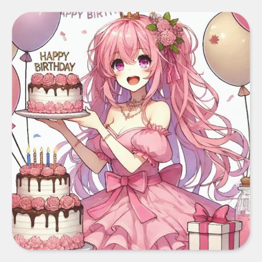 アニメ女子ピンクの誕生日 スクエアシール (正面)