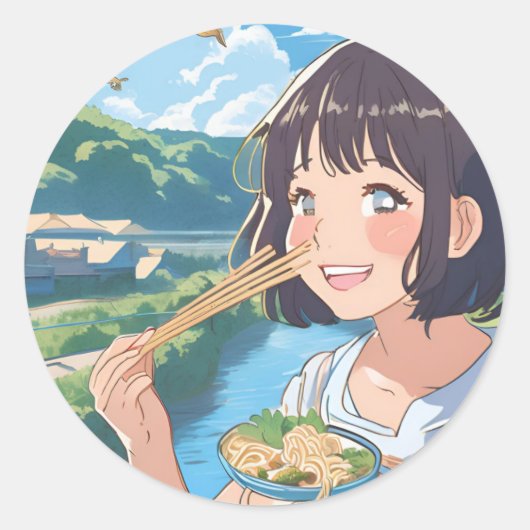 アニメ女子食べラーメンのステッカー ラウンドシール (正面)