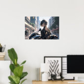 アニメ女性サイクリングダウンタウン ポスター (ホームオフィス)