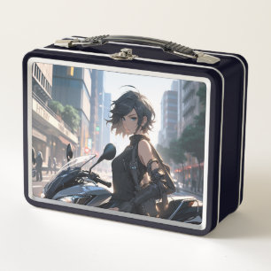 アニメ女性サイクリングダウンタウン メタルランチボックス