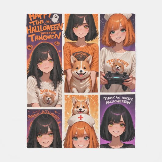 アニメ好きなガールズゲーマー ハロウィンポスター フリースブランケット (正面)