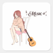 アニメ少女がgwtと音符と共に座っている - 美意識 スクエアシール (正面)