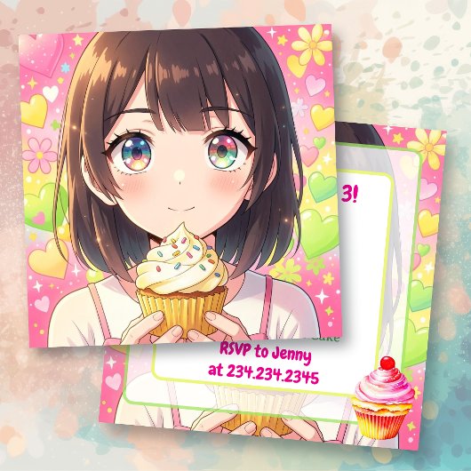 アニメ少女とカップケーキの誕生日 招待状