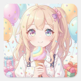 アニメ少女のアイスクリーム誕生日パーティー スクエアシール