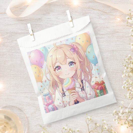 アニメ少女のアイスクリーム誕生日パーティー フェイバーバッグ (クリップ留めされた状態)