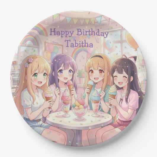 アニメ少女のアイスクリーム誕生日パーティー ペーパープレート (正面)