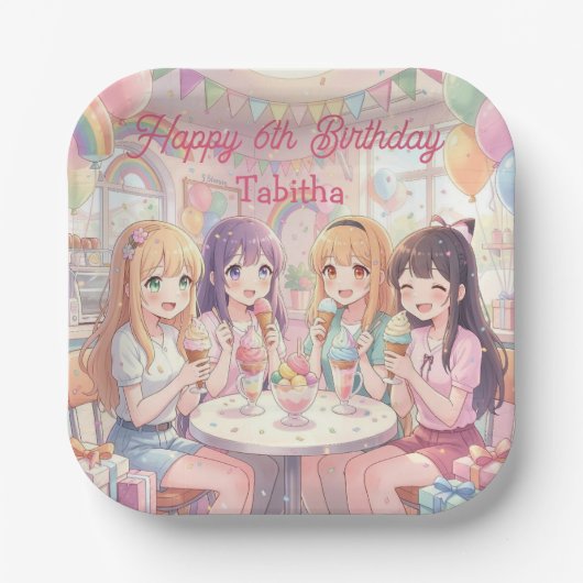 アニメ少女のアイスクリーム誕生日パーティー ペーパープレート (正面)