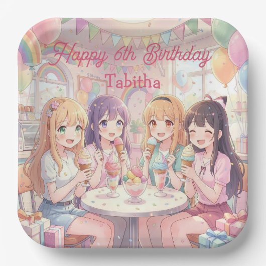 アニメ少女のアイスクリーム誕生日パーティー ペーパープレート (正面)