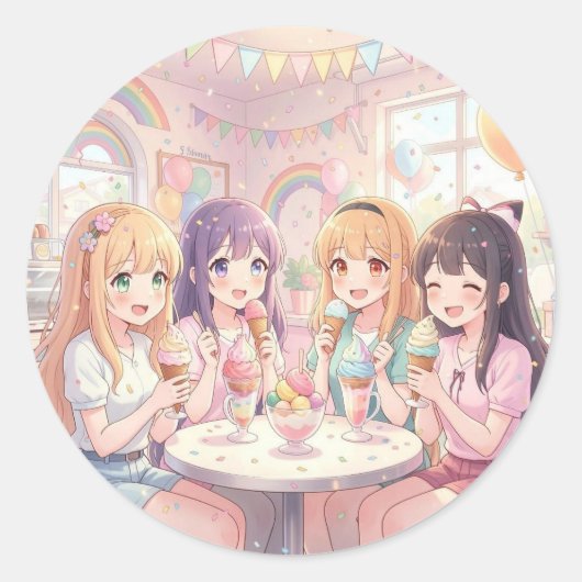 アニメ少女のアイスクリーム誕生日パーティー ラウンドシール (正面)