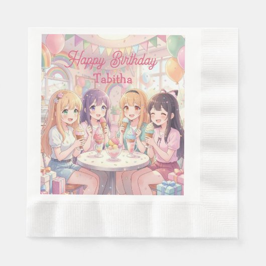 アニメ少女のアイスクリーム誕生日パーティー 縁ありランチョンナプキン (正面)