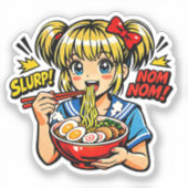 アニメ少女のラーメンをすすっているステッカー シール (正面)