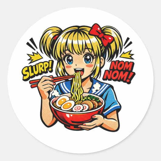 アニメ少女のラーメンをすすっているステッカー ラウンドシール (正面)