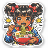 アニメ少女のラーメンをすするデザイン シール (正面)