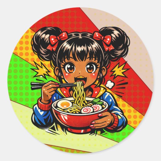 アニメ少女のラーメンをすする ラウンドシール (正面)