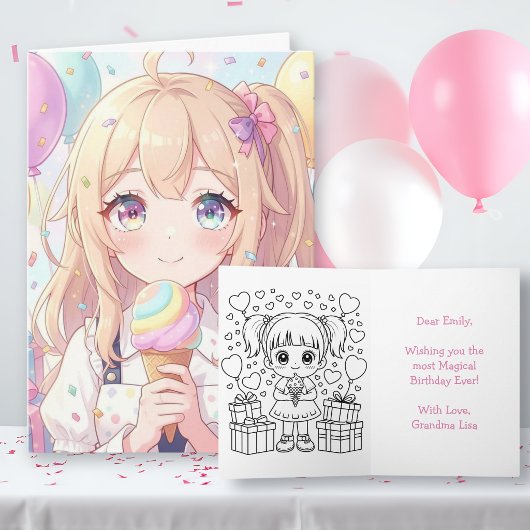 アニメ少女の誕生日カード(ぬりえ付き) カード