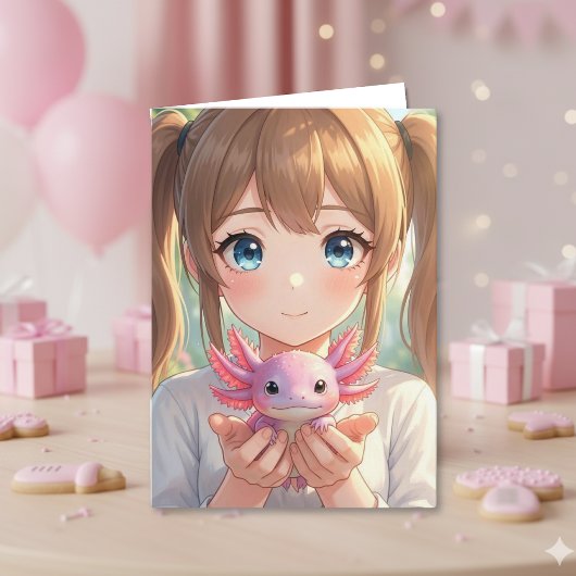 アニメ少女+ウーパールーパー+誕生日+ぬりえ付き カード