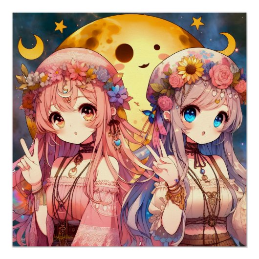 アニメ少女 ヒッピームーン ギブス ピースサイン ポスター (正面)