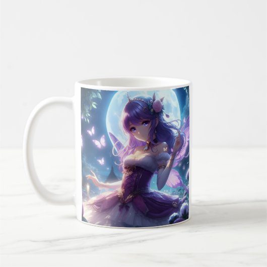 アニメ少女 紫色の蝶の羽 月の妖精 コーヒーマグカップ (左)