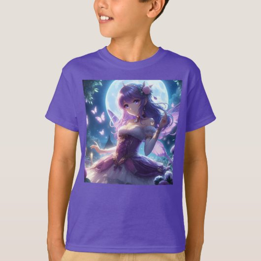 アニメ少女 紫色の蝶の羽 月の妖精 Tシャツ (正面)