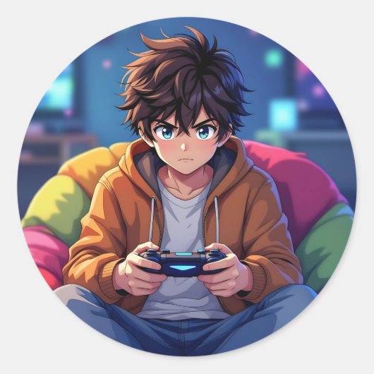アニメ少年がテレビゲームをプレイ ラウンドシール (正面)