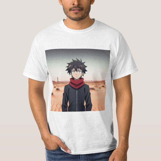 アニメ少年 砂漠の風景に立つ – アニメの進化 Tシャツ (正面)