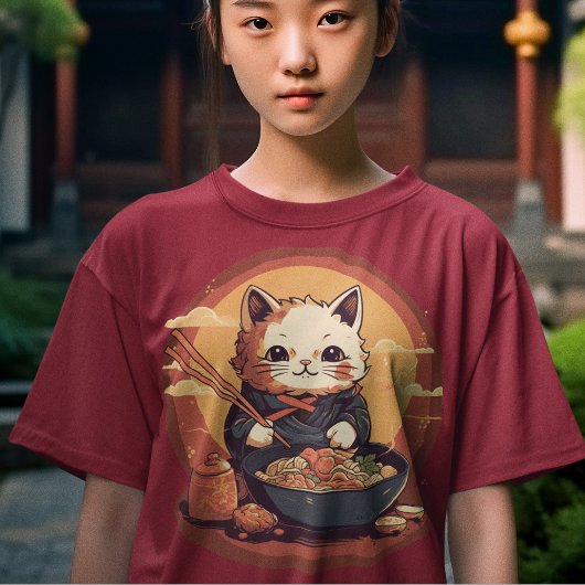 アニメ日本のキティ猫食べラーメン Tシャツ