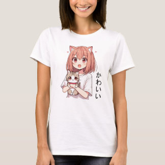 アニメ日本のキュートな女の子と猫 Tシャツ