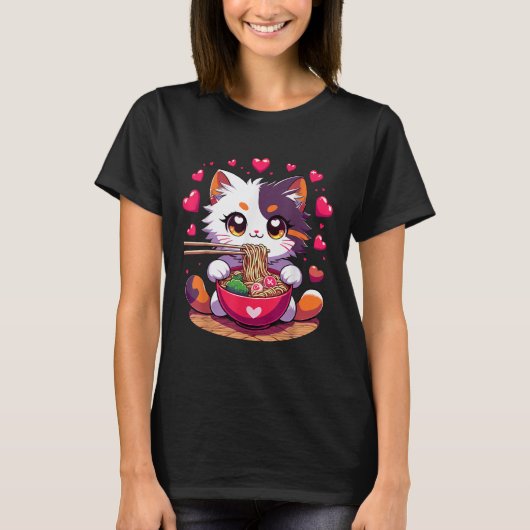 アニメ猫食べラーメンハートヴァレンティ Tシャツ (正面)