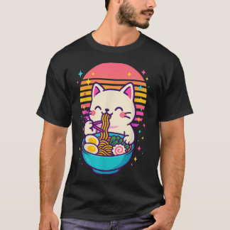 アニメ猫食べラーメン日本の Tシャツ
