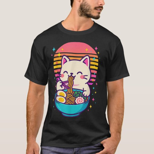 アニメ猫食べラーメン日本の Tシャツ (正面)