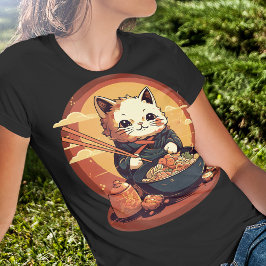 アニメ猫食べ物ラーメンかわいい日本のスタイル Tシャツ