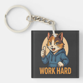 アニメ猫 - WORK HARD モチベーションあふれる日本風デザイン キーホルダー
