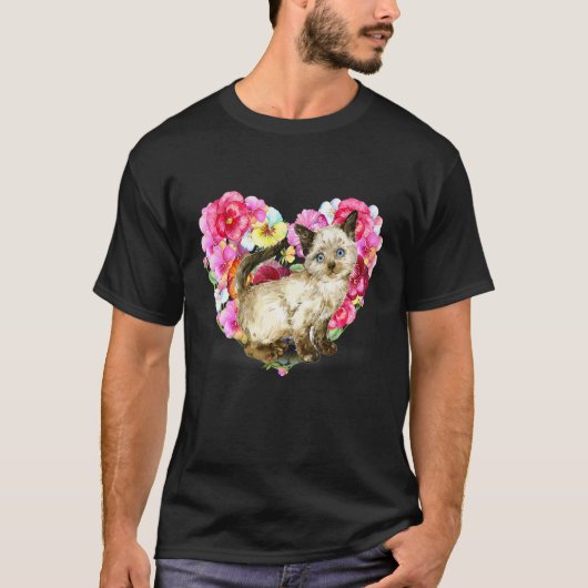 アニメ用の花と蝶のある水彩猫 Tシャツ (正面)